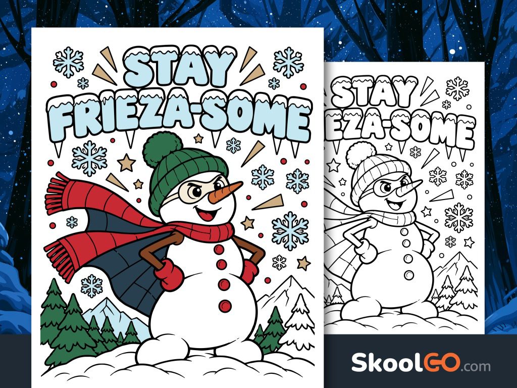 Stay Frieza-Some winter poster featuring a smiling superhero snowman with a green hat, red scarf, blue cape, and snowy forest background.