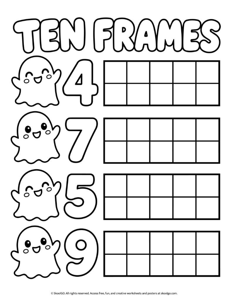 Ten Frames – Black-and-White Halloween Math Worksheet Black-and-white Halloween ten frames worksheet with smiling ghosts, numbers 4, 7, 5, and 9, and four empty ten-frame grids.