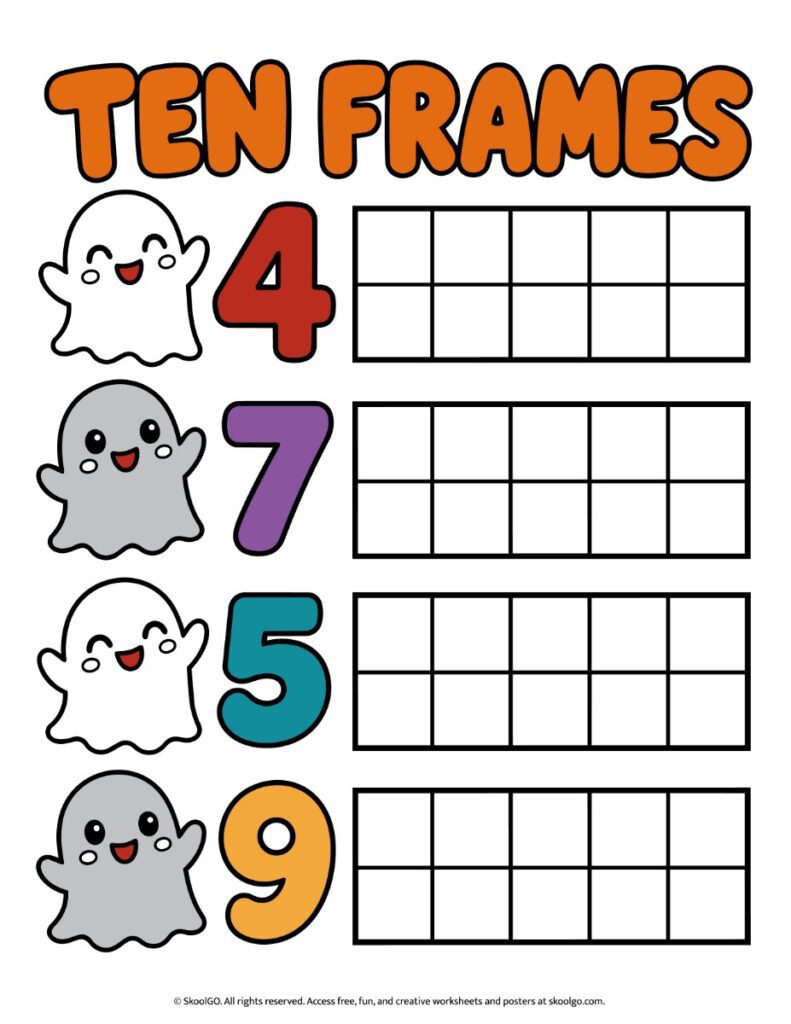 Ten Frames – Color Halloween Math Worksheet Color Halloween ten frames worksheet with four smiling ghosts, numbers 4, 7, 5, and 9, and empty ten-frame grids.