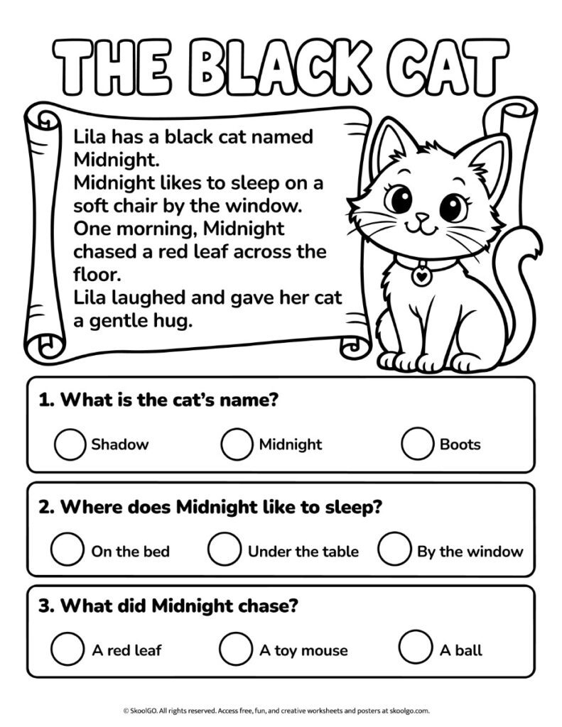 The Black Cat – Black-and-White Halloween Reading Comprehension Worksheet Black-and-white Halloween reading comprehension worksheet with a short story about a cat named Midnight, three multiple-choice questions, and a cat illustration.