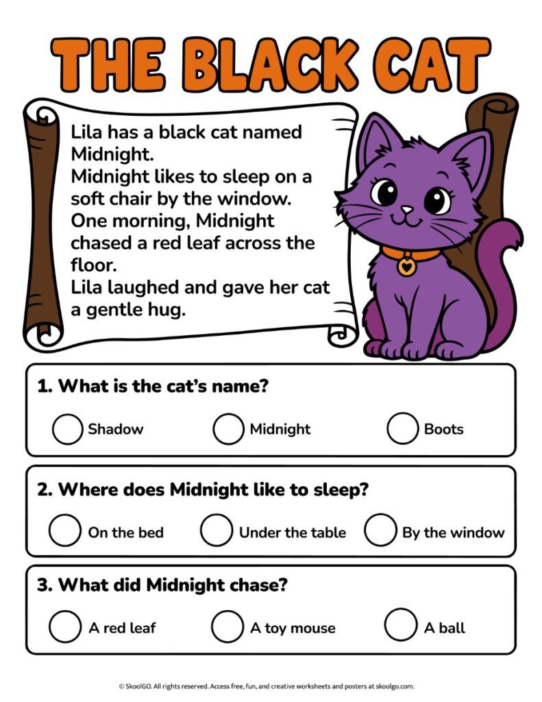The Black Cat – Color Halloween Reading Comprehension Worksheet Color Halloween reading comprehension worksheet with a short story about Midnight the cat, a purple cat illustration, and three multiple-choice questions.