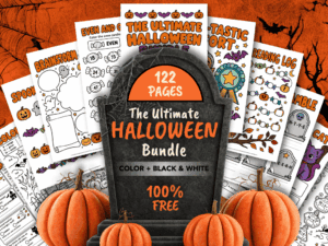 The Ultimate Halloween Bundle featuring 122 free printable pages in color and black and white, with Halloween worksheets, pumpkins, and a tombstone design.