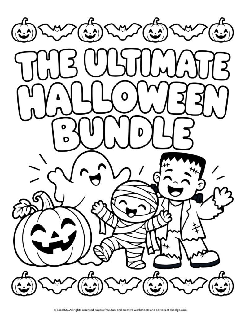 The Ultimate Halloween Bundle – Black-and-White Cover Black-and-white cover of The Ultimate Halloween Bundle featuring a smiling pumpkin, ghost, mummy, Frankenstein monster, and decorative bats.