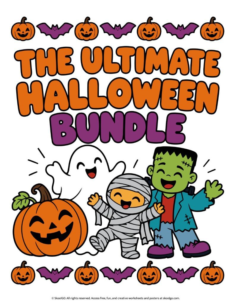 The Ultimate Halloween Bundle – Color Cover Colorful cover of The Ultimate Halloween Bundle with orange and purple lettering, a smiling pumpkin, ghost, mummy, Frankenstein monster, and bats.