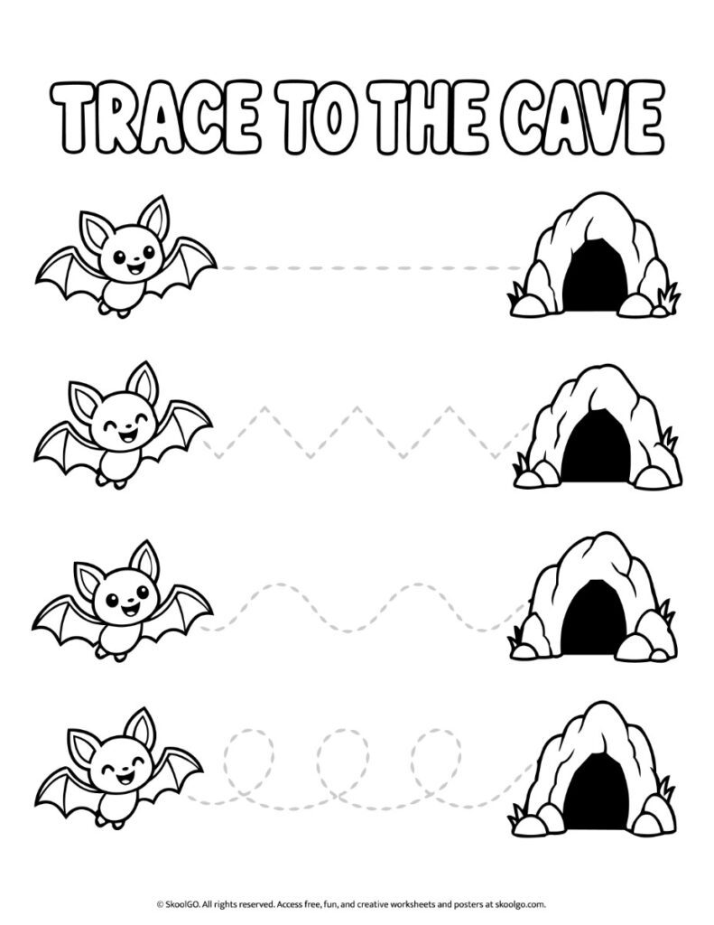 Trace to the Cave – Black-and-White Halloween Tracing Worksheet Black-and-white Halloween tracing worksheet with four bats, caves, and dotted paths featuring straight, zigzag, wavy, and looping lines.