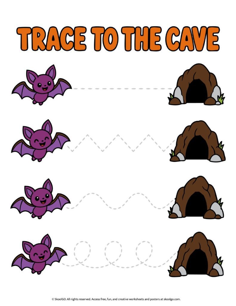 Trace to the Cave – Color Halloween Tracing Worksheet Color Halloween tracing worksheet with four purple bats following straight, zigzag, wavy, and looping dotted paths to their caves.