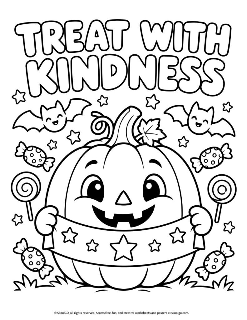 Treat with Kindness Halloween Poster – Coloring Version Black-and-white Treat with Kindness Halloween poster showing a smiling pumpkin, bats, candy, lollipops, and stars to color.