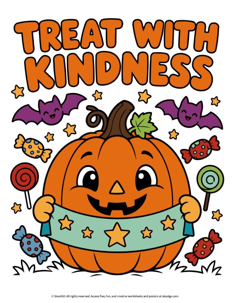 Treat with Kindness Halloween Poster – Color Version Treat with Kindness Halloween poster with a smiling orange pumpkin, purple bats, colorful candy, lollipops, and stars.