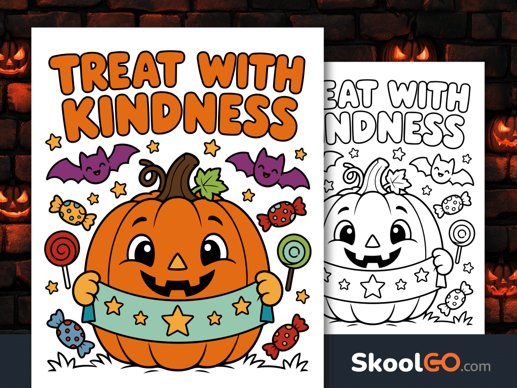 Treat with Kindness Halloween poster featuring a smiling orange pumpkin, purple bats, colorful candy, lollipops, and stars.