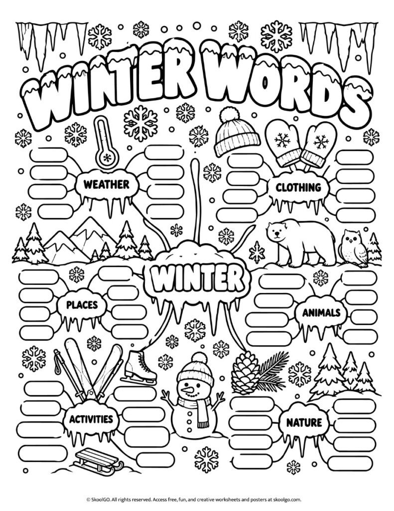Blank winter vocabulary worksheet with 48 writing spaces organized into six categories and winter-themed illustrations.