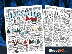 Colorful Winter Words vocabulary chart with six categories, winter illustrations, and 48 seasonal words.