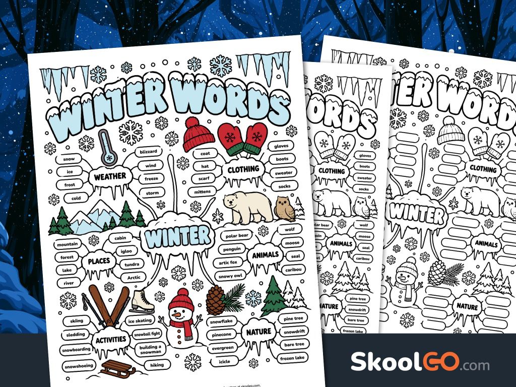 Colorful Winter Words vocabulary chart with six categories, winter illustrations, and 48 seasonal words.