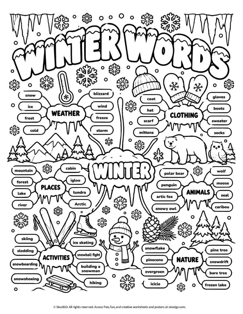 Black-and-white Winter Words chart with 48 vocabulary words, a snowman, polar bear, winter clothing, and snowflakes.