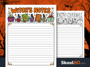 Witch’s Notes Halloween writing paper with colorful cauldrons, potion bottles, spellbooks, moons, stars, and lined writing space.