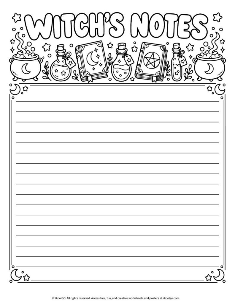 Witch’s Notes – Black-and-White Halloween Writing Page Black-and-white Witch’s Notes writing paper with outlined cauldrons, potion bottles, spellbooks, stars, and lined space for writing.