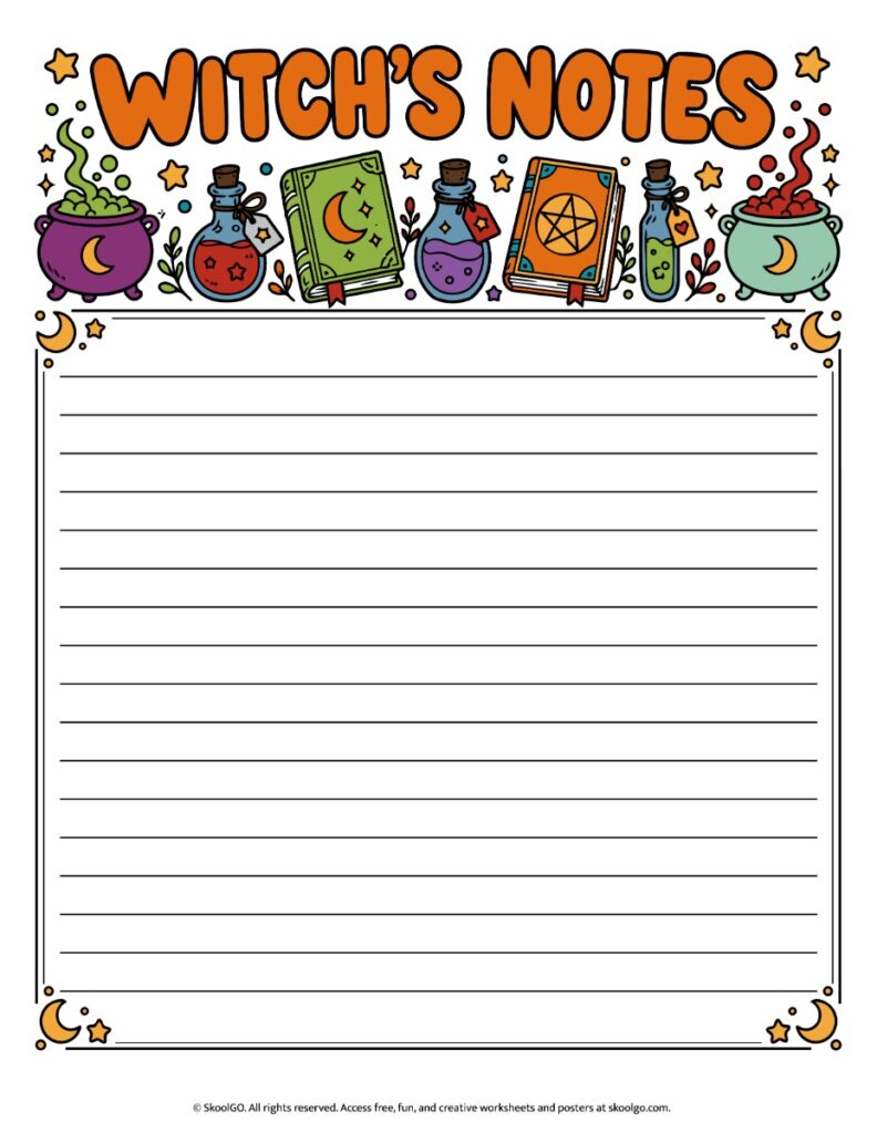 Witch’s Notes – Color Halloween Writing Page Color Halloween writing page titled Witch’s Notes with orange lettering, colorful witch-themed illustrations, and horizontal writing lines.
