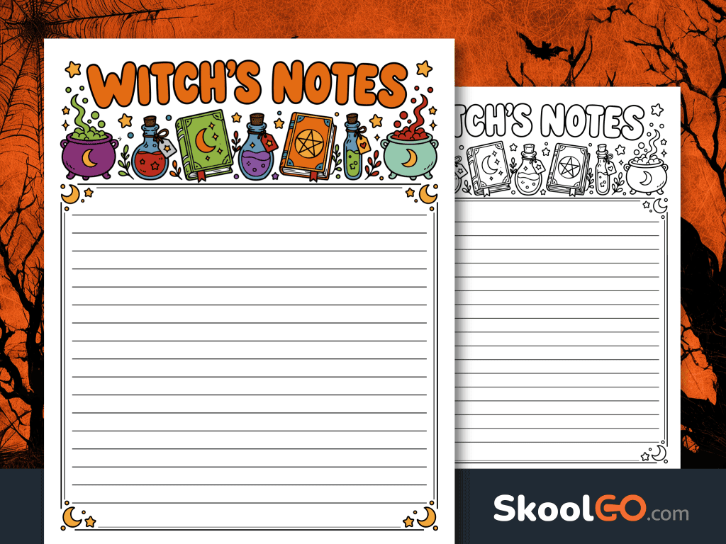 Witch’s Notes Halloween writing paper with colorful cauldrons, potion bottles, spellbooks, moons, stars, and lined writing space.