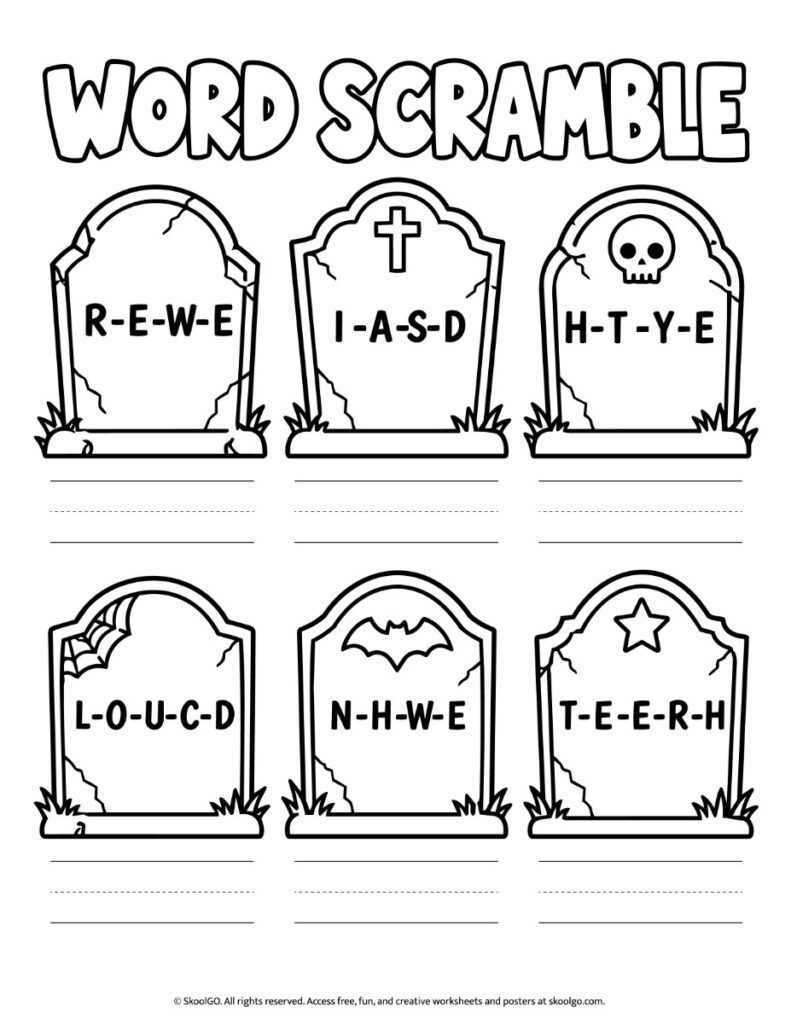 Word Scramble – Black-and-White Halloween Vocabulary Worksheet Black-and-white Halloween word scramble worksheet featuring six decorated tombstones with scrambled letters and handwriting lines.