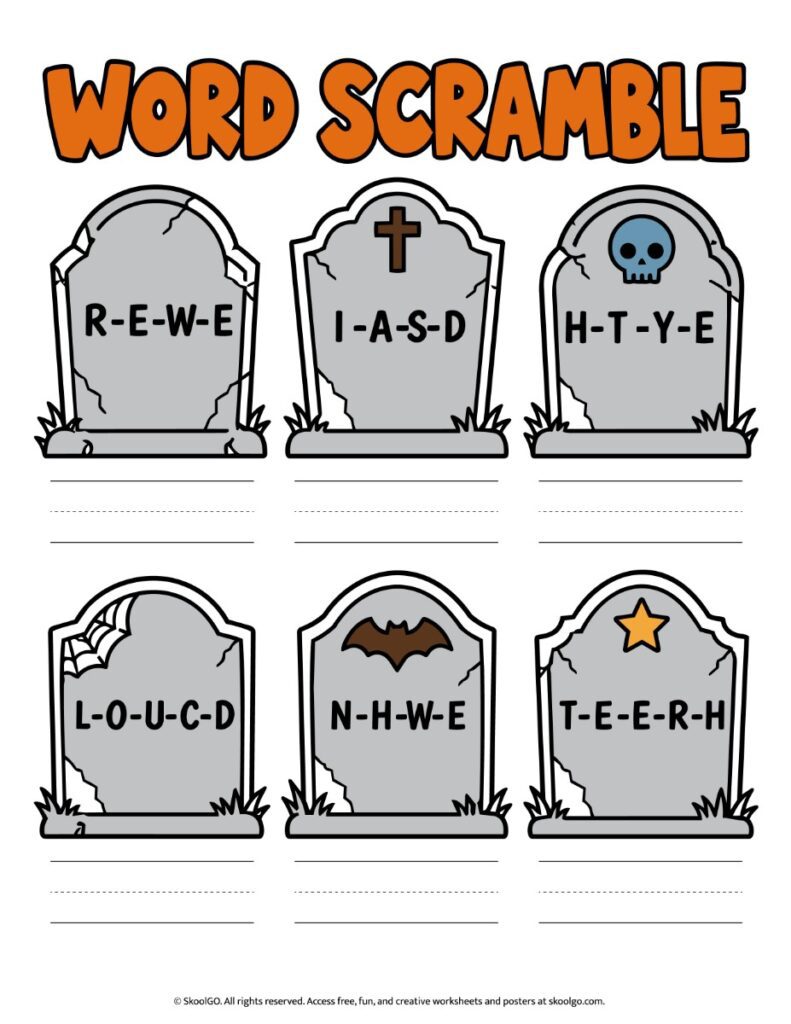 Word Scramble – Color Halloween Vocabulary Worksheet Color Halloween word scramble worksheet with six tombstones displaying scrambled words and handwriting lines for answers.